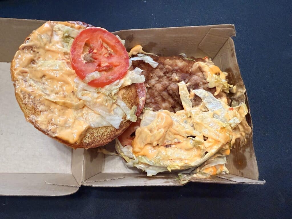 McDonalds Spicy Deluxue McCrispy Sandwich In Box Opened Up With Bun Off
